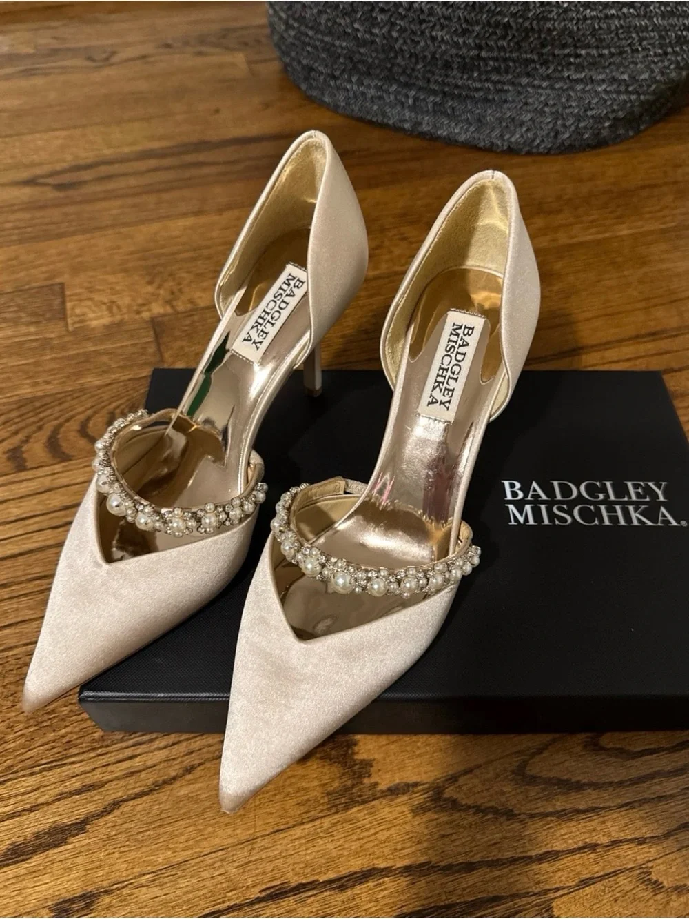 Badgley Mischka Pearl-Trim Ivory Satin Pointed-Toe Heels